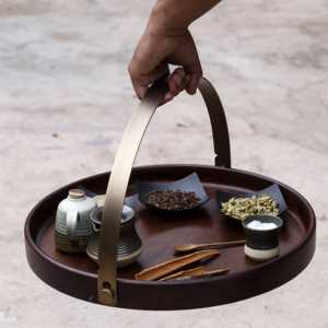 Brass Band Round <b>Tray</b> Wood Serving with Black Metal Handles Great for Ottoman <b>Tray</b> Food Breakfast <b>Eating</b> <b>Tray</b> - Product Image 2