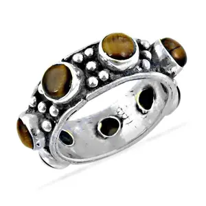Bague ajustable en argent plaqué or avec pierre œil de tigre, style bohème tendance pour femme - Product Image 1