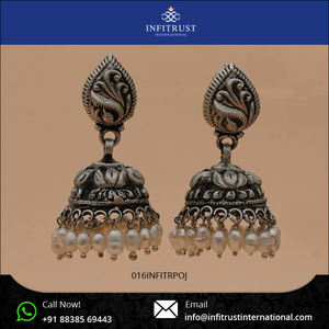 Pendientes de plata de primera ley Jhumki para mujer, aretes pequeños, plata esterlina oxidada, diseño elegante, indio, Perla blanca de ensueño - Product Image 2