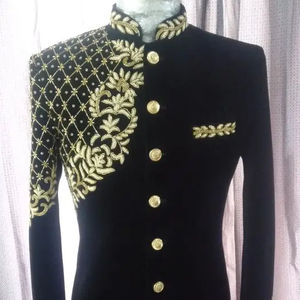 2023 Trendy Design <b>Gold</b> Zari Embroidery Black Sherwani with Pant Matching Shoe Party-Wear/Wedding Dress Plus Size Accessory - Product Image 1