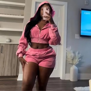 Conjunto de 2 piezas de algodón con cremallera en blanco recortada en blanco con hombros caídos para mujer, sudadera con pantalones de chándal, sudaderas con capucha en blanco de gran tamaño - Product Image 2