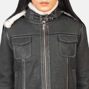 Fiona Black Hooded <b>Shearling</b> Leather <b>Jacket</b> Windproof Feature - Product Image 6