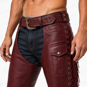Chaps en cuir véritable pour homme, coupe haute, ajustement régulier, avec franges et fermeture à boucle, pour l'équitation - Product Image 6