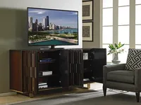Console multimédia avec tiroirs de rangement et finition bois moderne