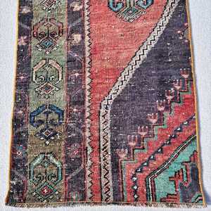 Vintage Small Rug 1.6x3.2 ft (50x98 cm), Turkish <b>Red</b> Striped <b>Wool</b> Rug - Product Image 4