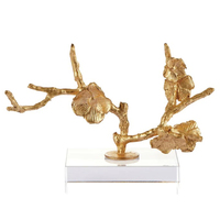 Sculpture décorative unique en forme ronde, en acier inoxydable avec base en marbre et boule en verre transparent, finition dorée antique