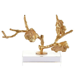 Sculpture décorative unique en forme ronde, en acier inoxydable avec base en marbre et boule en verre transparent, finition dorée antique - Product Image 2