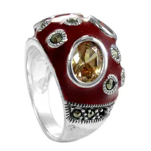แหวนเงินแท้ 925 ประดับด้วยพลอยสีแดงซิทรินเคลือบเงา สำหรับผู้หญิง ดีไซน์โดดเด่น ชุบทอง 18K และโรเดียม ฝังพลอยทรงเรขาคณิต - Product Image 2