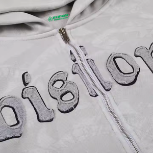Sweat-shirt à capuche unisexe surdimensionné de qualité supérieure, avec broderie effet vieilli, patchs et fermeture éclair, en molleton 100% coton, délavé à l'acide - Product Image 3