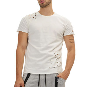 Cuello redondo Moda Logotipo personalizado Hombres Camisetas sueltas 100% Algodón Desgastado Casual Manga corta 100% algodón Camisetas de angustia - Product Image 1