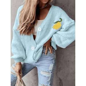 Cardigan en tricot pour femme, décontracté, couleur abricot, col en V côtelé, boutonné devant, manches longues, 100% polyester - Product Image 4