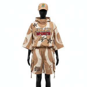 Conjunto Corto de Chaqueta Cortavientos para Mujer, Poliéster, Resistente al Viento, Panel de Color, Logotipo Bordado, Transpirable, Conjunto de Shorts de Verano - Product Image 1