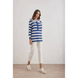 <b>Navy</b> Blue Striped Knitted Blouse for Women-Stand Collar Long Sleeve Autumn <b>Top</b> - Product Image 2