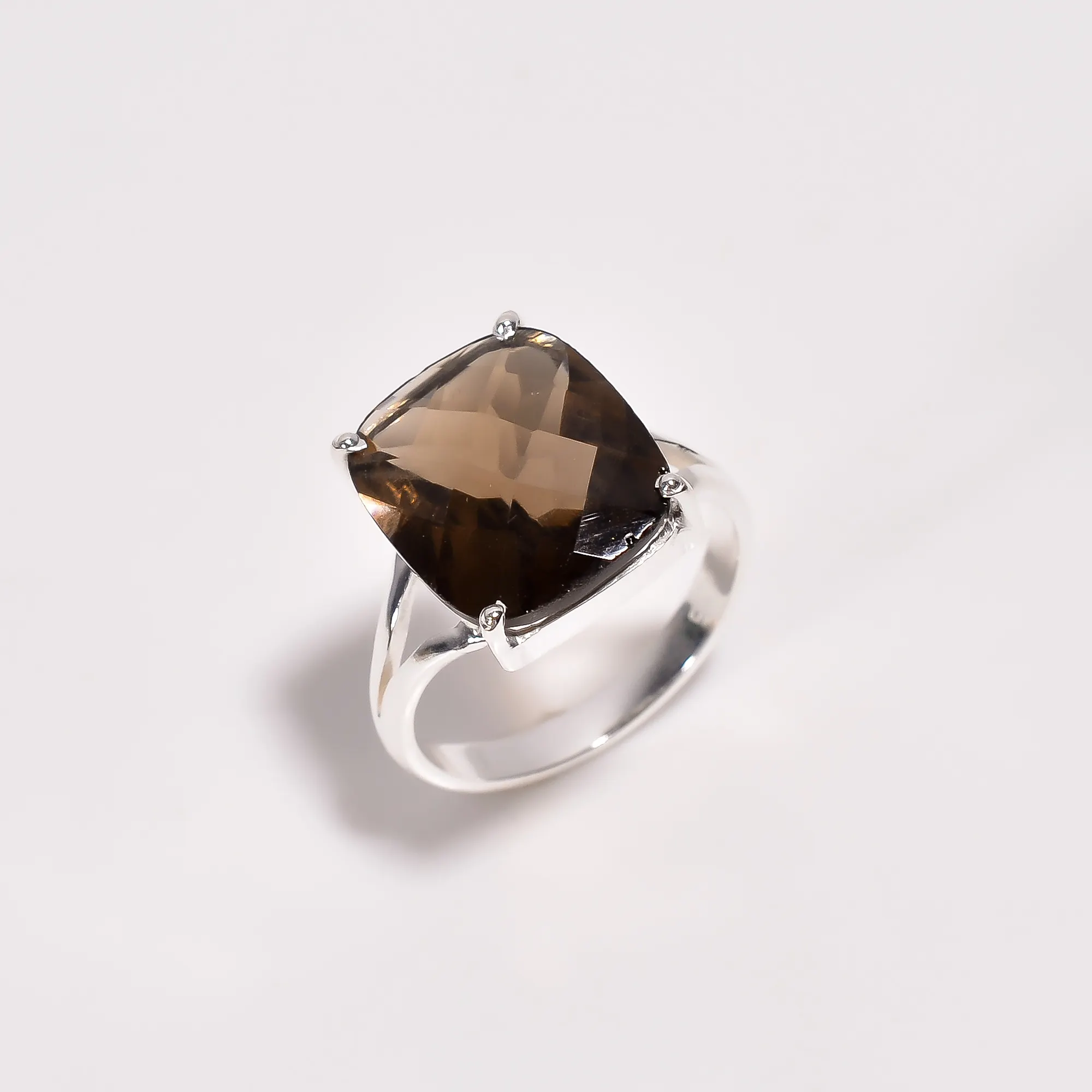 Wholesale Price Solid Silver Jewelry 925 Sterling Silver Smoky Quartz Natural Gemstone Prong Setting Brown Quartz Ring