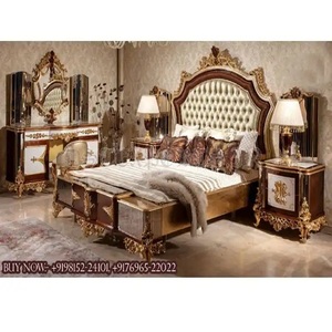 Ensemble de chambre à coucher de luxe brillant noyer poli Queen Size magnifique ensemble de chambre à coucher or Queen Size ensemble de chambre à coucher classique très brillant - Product Image 1