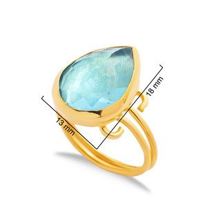 Aquamarine Quartz Pear Drop 925 Sterling Silver 22K Gold Plated Gold Bezel Adjustable <b>Ring</b> Handcrafted Fine Jewellery - Product Image 4