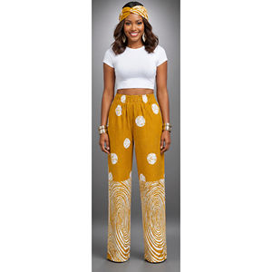 Pantaloni a Gamba Larga a Vita Alta con Design Oro e Bianco, Fantasia Formale, Traspiranti, Casual, in Ankara, con Tecnica Stropicciata - Product Image 1