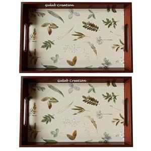 Bandeja de servicio de madera con estampado de hojas marrones, bandeja de madera decorativa hecha a mano para cocina, comedor, mesa de centro y entretenimiento en el hogar - Product Image 2