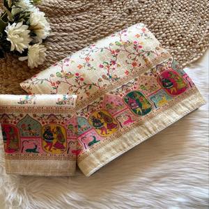 Sari VASTRA COTTAGE en soie jacquard pure zari de qualité supérieure, imprimé numérique, style pashmina, teint à la main, avec blouse assortie - Product Image 3