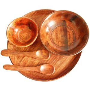 Juego de dos tazones de madera, plato de madera y 2 cucharas/cuencos de madera de 4,5 pulgadas y 6 pulgadas, 2 cucharas pequeñas y 1 Juego de Thali de madera - Product Image 1