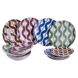 Set da Pranzo in Porcellana Ikat Sibilla 12 Pezzi, Stoviglie in Ceramica Stile Bohémien, Lavabile in Lavastoviglie per Uso Domestico 16 Pezzi - Product Image 1