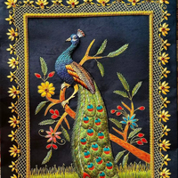 Décoration murale rectangulaire élégante en tissu brodé Zari fait main, auto-adhésive, écologique et durable