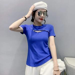 Camiseta de manga corta de algodón elástico de verano para mujer, Camiseta corta informal transpirable para mujer, cuello redondo, negro, azul, verde - Product Image 4