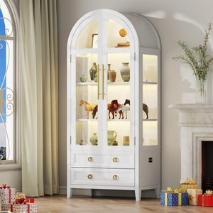 Vitrine avec <span class=keywords><strong>verre</strong></span> arqué <span class=keywords><strong>blanc</strong></span>, éclairage LED, poignée dorée, vitrine pour meubles de salon de luxe, vitrine <span class=keywords><strong>d</strong></span>'exposition DR336 - Product Image 3