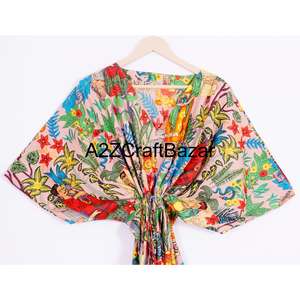 Bata Larga de Algodón Indio para Mujer con Estampado Floral Digital, Cuello en V, Cinturón, Mangas Tres Cuartos, Lavable a Máquina, Diseño Y2K - Product Image 2