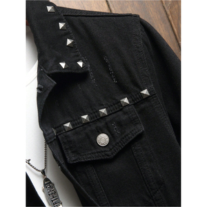 Veste en jean décontractée noire pour homme STITCHMODE avec style punk délavé, col montant, fermeture à simple boutonnage - Product Image 3