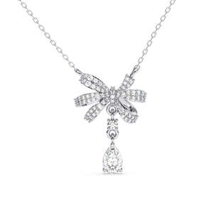 NOVAMART Fine Rhodium Plated Silver Bow <b>Pendant</b> Chain with <b>Emerald</b> Zircon Moissanite or Diamond Stones Wholesale Export - Product Image 1