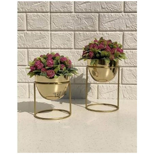 Oval Shaped Golden Metal Floor Flower <b>Stand</b> for Living Room Indoor <b>Plant</b> <b>Stand</b> with Planter <b>Pot</b> (Set of 2) - Product Image 3