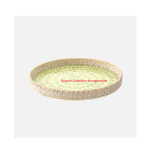 Plateau de service en rotin rond élégant avec incrustation de nacre feuille verte plateau en osier écologique pour la cuisine, la salle à manger et la décoration intérieure - Product Image 1