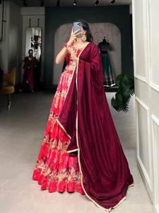 Lehenga Choli en soie Tasar traditionnelle indienne avec travail imprimé, fabricant de mode féminine de Surat, au prix le plus bas à la vente - Product Image 3
