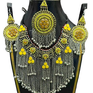 Traditional Afghan Kuchi Tribal Jewelry Set Handmade Ethnic <b>Necklace</b> & Earrings with Colorful Glass Inlay <b>Coins</b> for Weddings - Product Image 1