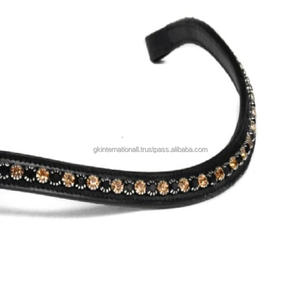 Bande de front de cheval en cuir noir en forme de vague de super qualité avec des cristaux noirs et dorés chaîne en métal bride bande de front en plein épi - Product Image 2