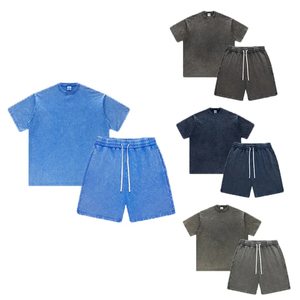 Conjunto de dos piezas de algodón lavado ácido OEM personalizado para hombre, ropa informal de verano Vintage, camiseta y pantalones cortos, venta al por mayor - Product Image 1