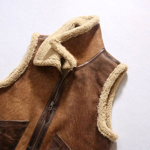 Hiver cuir véritable mens zip revers poche gilet style vintage épais chaud vraie fourrure polaire doublure douce vêtements d'extérieur classiques - Product Image 4