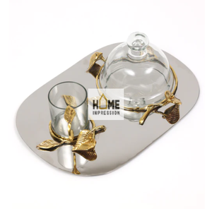 Plateau de décoration en verre attaché avec fleur en or très vendu plateau de créateur de fleurs de luxe fait à la main nouvelle arrivée plateaux pour les fournisseurs de gros - Product Image 4