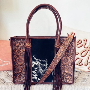 Floral Hand Toolled Genuine Leather Tassel Bohemian Western Cowhide <b>Hair</b> Fur Crossbody Bag India Wholesale Manufacturer Ready - Product Image 5