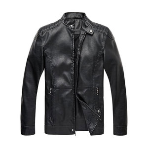 แจ็คเก็ตหนัง PU ผู้ชายแบบบางมีซิปปกตั้งสีดำสำหรับฤดูใบไม้ร่วงพร้อมโลโก้ด้านหน้าไซส์ XL สำหรับฤดูหนาวที่อบอุ่นแบบลำลอง - Product Image 1