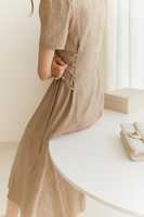 Robe longue décontractée vintage en mélange coton-lin pour femme, col en V, taille ample, anti-plis, écologique, manches mi-longues, dentelle latérale