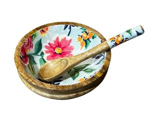 Cuenco de flor tropical Madera de mango Cuencos de ensalada de madera decorativos hechos a mano con utensilios para servir Accesorio de comedor de madera - Product Image 5