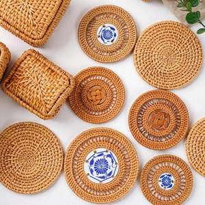 Posavasos de Ratán Reutilizables Hechos a Mano para Protección de Mesa, Bandeja de Aislamiento Térmico para Vasos, Accesorio de Decoración para el Hogar - Product Image 3