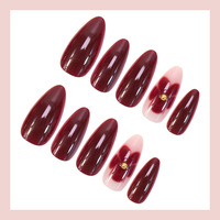 Faux Ongles de Luxe Faits Main en Gros, 24 Pièces, Forme Amande Simple, Fleur Rouge avec Diamant, à Coller