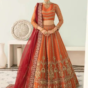 DESIGNER-EMBROIDERY on ORANGE BRIDAL <b>BLOUSE</b>,LEHENGA and DUPATTA WITH EMBELLISHED CRYSTAL GLASS BEADS,DABKA WORK for WEDDING@2024 - Product Image 1