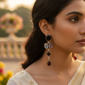 Boucles d'oreilles pendantes vintage en argent 925, multi-pierres précieuses, perle d'eau douce, diamant, design géométrique, pour les mariages et les fêtes des femmes - Product Image 3