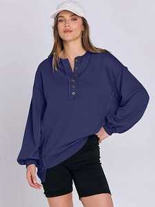 Sweatshirts oversize pour femmes, manches longues, col Henley, boutonné, pull à capuche, tunique, hauts, vêtements tendance automne 2025, mode 2025 - Product Image 4