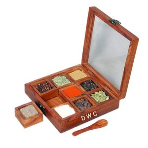 Boîte de rangement pour épices Masala en laiton, 9 compartiments carrés en bois, avec cuillère incluse. - Product Image 5