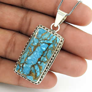 Pendentif pour femme en turquoise cuivre bleu naturel, pierre précieuse, mariage, fait main, bijoux bohèmes en argent sterling 925 massif - Product Image 2